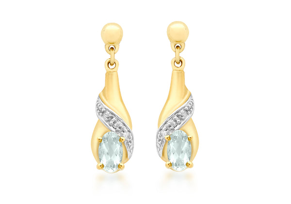 9ct Yellow Gold 0.02t Diamond and 0.36t Aquamarine Drop Earrings