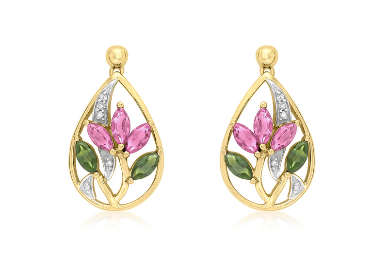 9ct Yellow Gold 0.05t Diamond with Pink and Green Tourmaline Lotus Teardrop Earrings