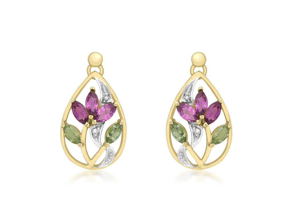9ct Yellow Gold 0.02t Diamond and Tourmaline Lotus Drop Earrings