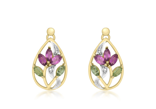 9ct Yellow Gold 0.02t Diamond and Tourmaline Lotus Drop Earrings