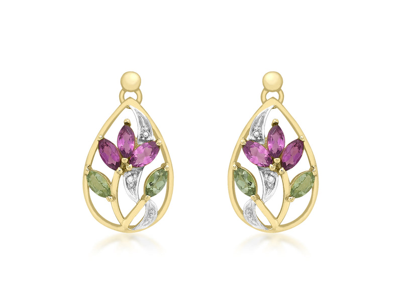 9ct Yellow Gold 0.02t Diamond and Tourmaline Lotus Drop Earrings