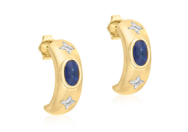 9ct Yellow Gold 0.04ct Diamond and Cabochon Sapphire Half-Hoop Earrings