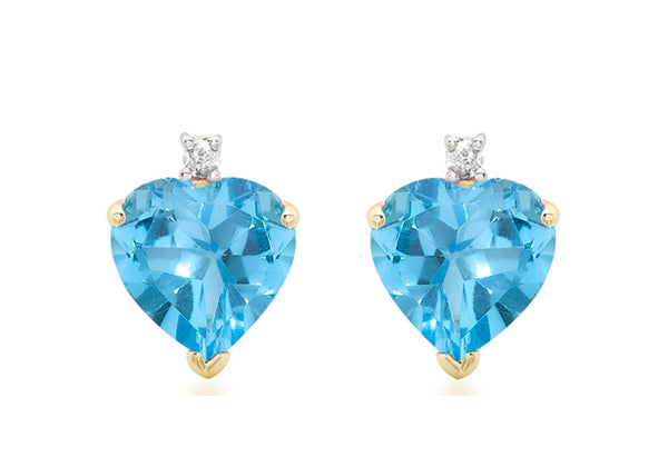 9ct Yellow Gold 0.03t Diamond and Blue Topaz Heart Stud Earrings