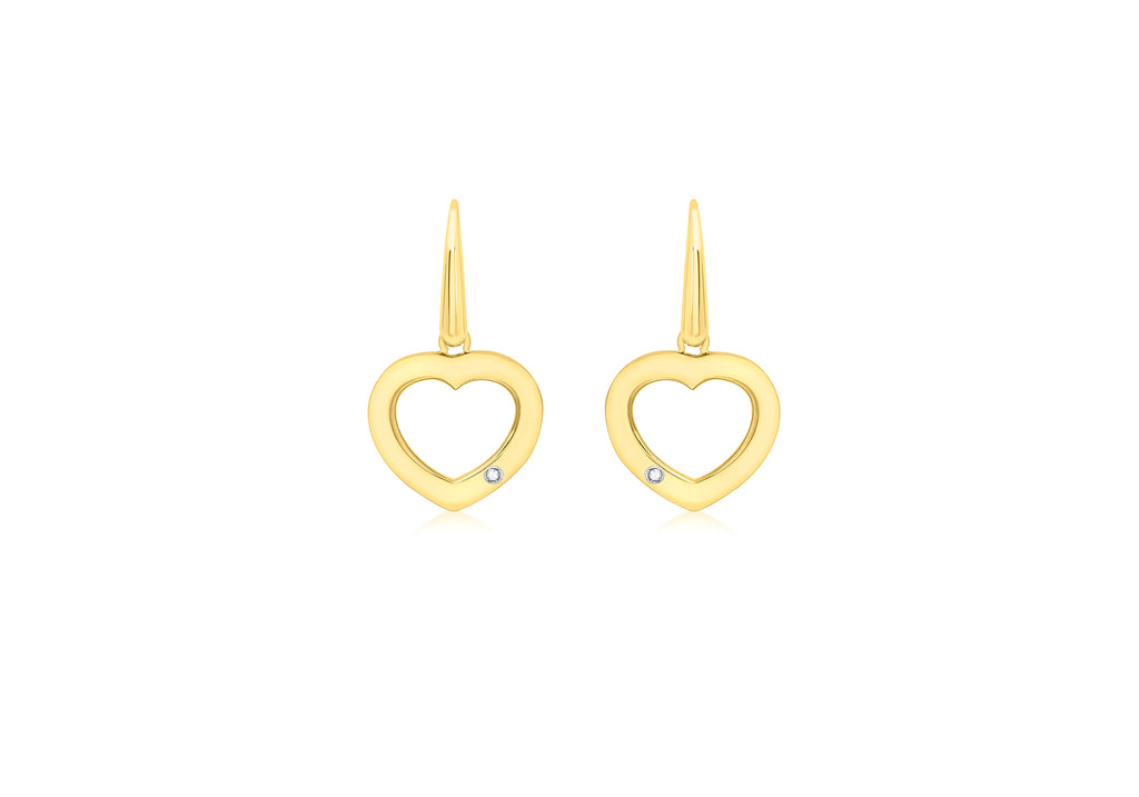 9ct Yellow Gold 0.02t Diamond Heart Drop Earrings