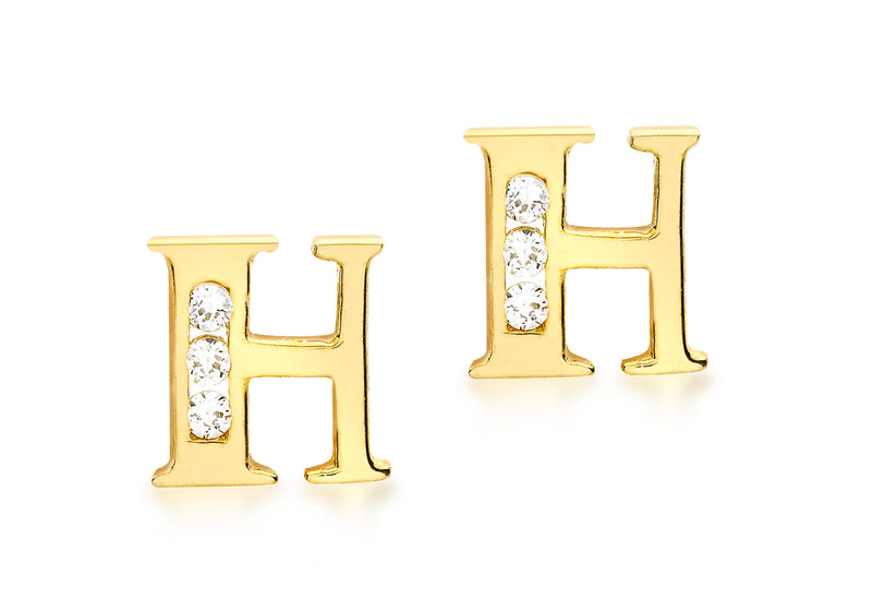 9ct Yellow Gold Zirconia  Set 'H' Initial Stud Earrings