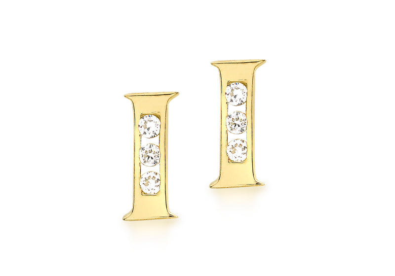 9ct Yellow Gold Zirconia  Set 'I' Initial Stud Earrings
