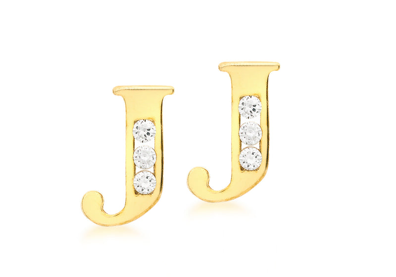 9ct Yellow Gold Zirconia  4mm x 7mm 'J' Initial Stud Earrings