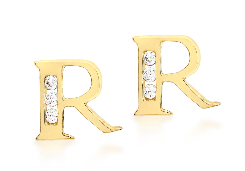 9ct Yellow Gold Zirconia  7mm x 7mm 'R' Initial Stud Earrings
