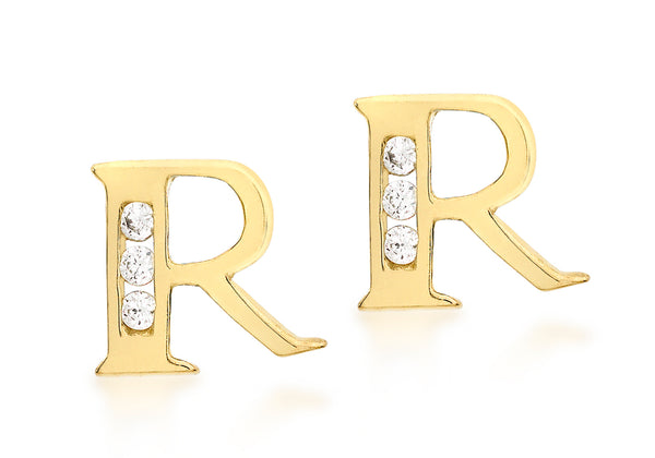9ct Yellow Gold Zirconia  7mm x 7mm 'R' Initial Stud Earrings