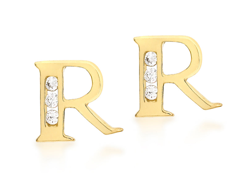 9ct Yellow Gold Zirconia  7mm x 7mm 'R' Initial Stud Earrings