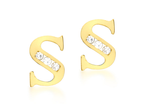 9ct Yellow Gold Zirconia  5mm x 7mm 'S' Initial Stud Earrings