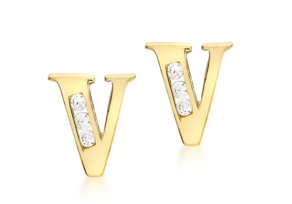 9ct Yellow Gold Zirconia  Set 'V' Initial Stud Earrings