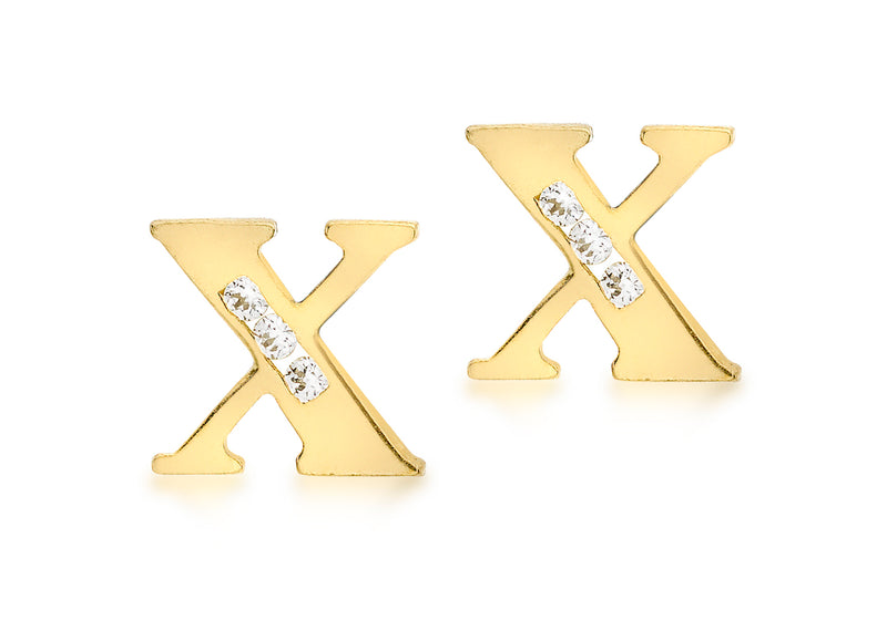 9ct Yellow Gold Zirconia  7mm x 7mm 'X' Initial Stud Earrings