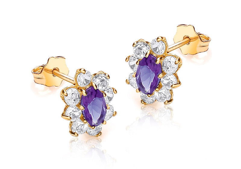 9ct Yellow Gold Purple and White Zirconia Marquise Cluster Stud Earrings