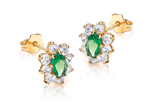 9ct Yellow Gold White and Oval Green Zirconia  Flower Cluster Stud Earrings