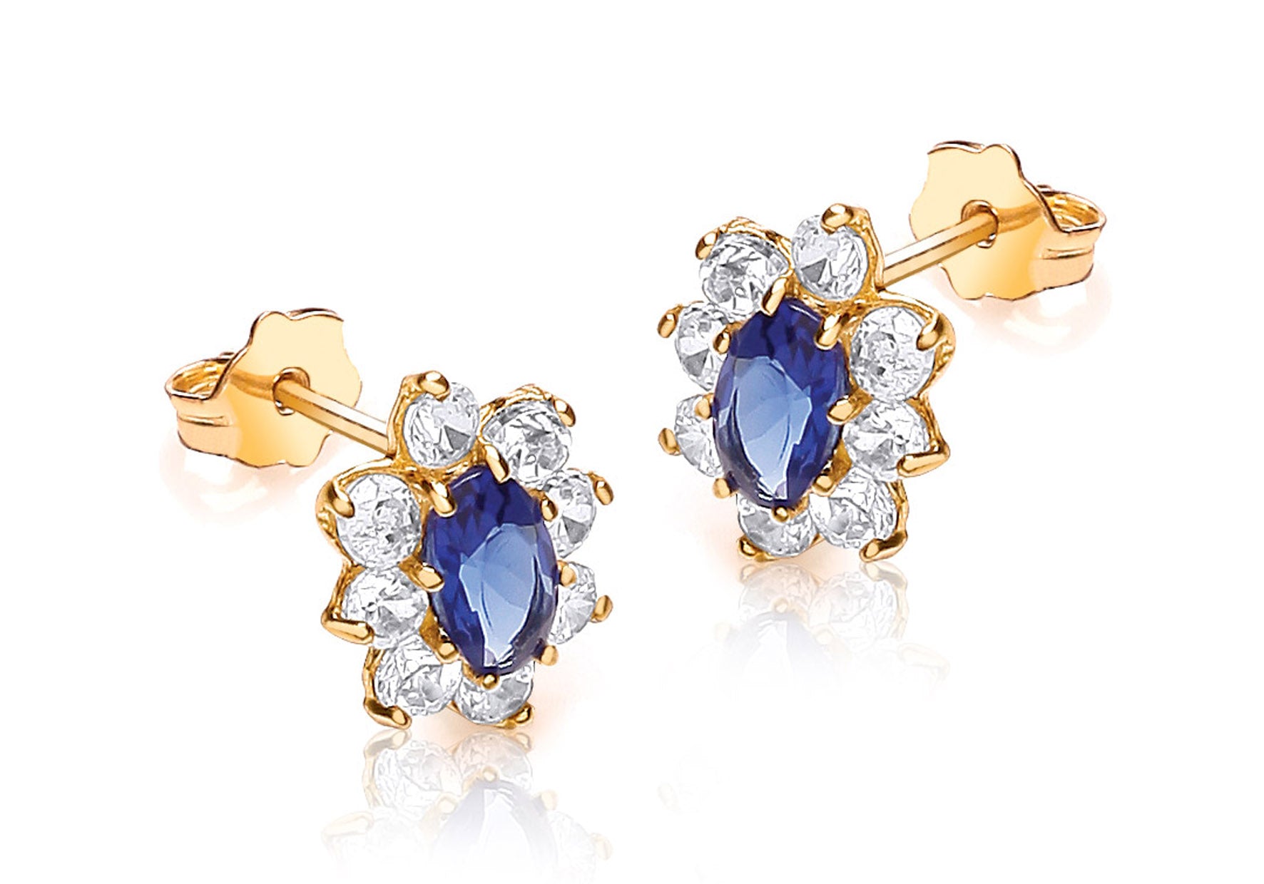 9ct Yellow Gold White and Oval Blue Zirconia  Flower Cluster Stud Earrings