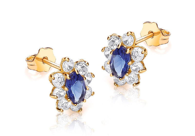 9ct Yellow Gold White and Oval Blue Zirconia  Flower Cluster Stud Earrings