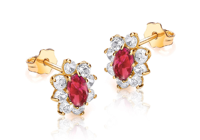 9ct Yellow Gold Red and White Zirconia Stud Marquise Cluster Earrings