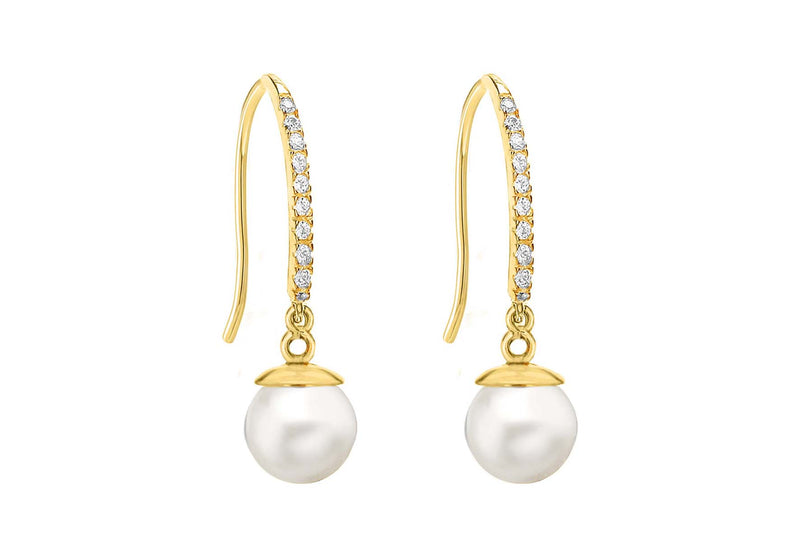 9ct Yellow Gold Zirconia  and Pearl Drop Earrings
