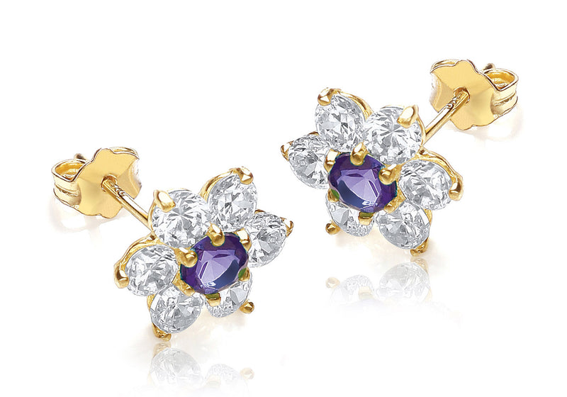 9ct Yellow Gold Purple and White Zirconia  10mm x 10mm Flower Cluster Stud Earrings