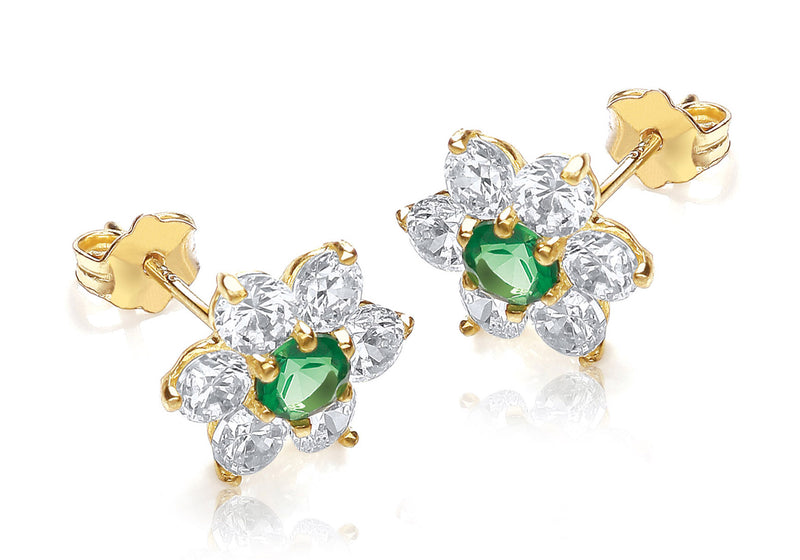 9ct Yellow Gold Green and White Zirconia Flower Cluster Stud Earrings