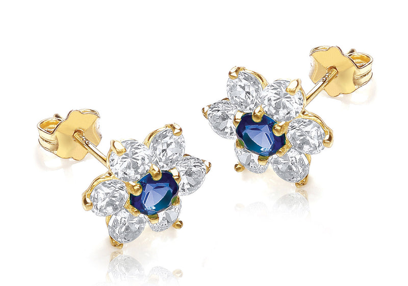 9ct Yellow Gold Blue and White Zirconia  10mm x 10mm Flower Cluster Stud Earrings
