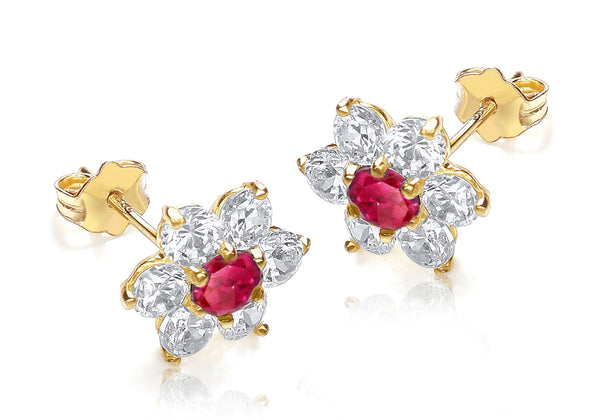 9ct Yellow Gold Red and White Zirconia  10mm x 10mm Flower Cluster Stud Earrings