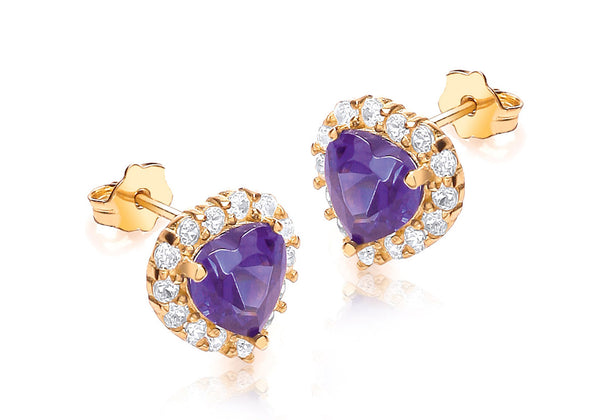 9ct Yellow Gold Purple and White Zirconia  Heart Cluster Stud Earrings
