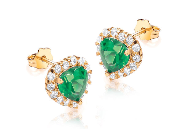 9ct Yellow Gold Green Crystal and White Zirconia  Stone Heart Cluster Stud Earrings