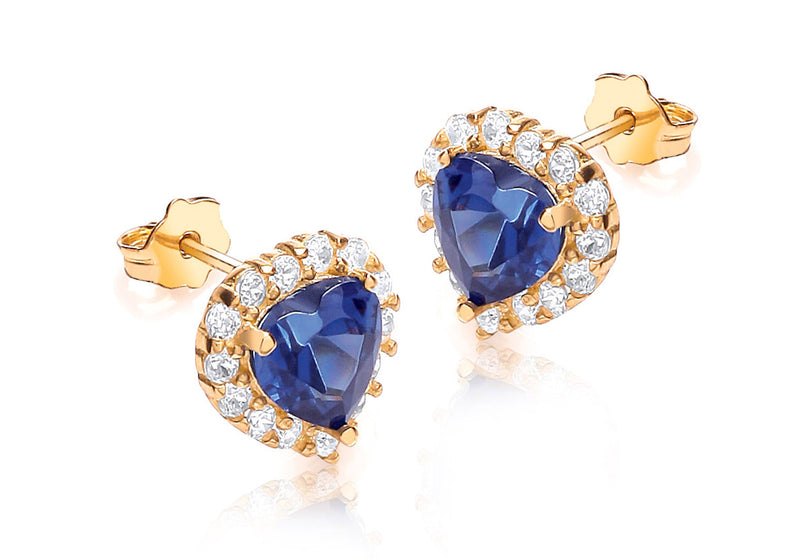 9ct Yellow Gold Blue and White Zirconia  9mm x 9mm Heart Cluster Stud Earrings