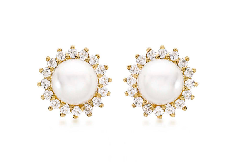 9ct Yellow Gold 12mm Pearl and Zirconia  Cluster Stud Earrings