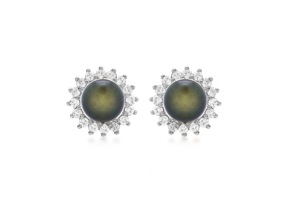 9ct White Gold 0.25t Diamond and Grey Pearl Cluster 10mm Stud Earrings