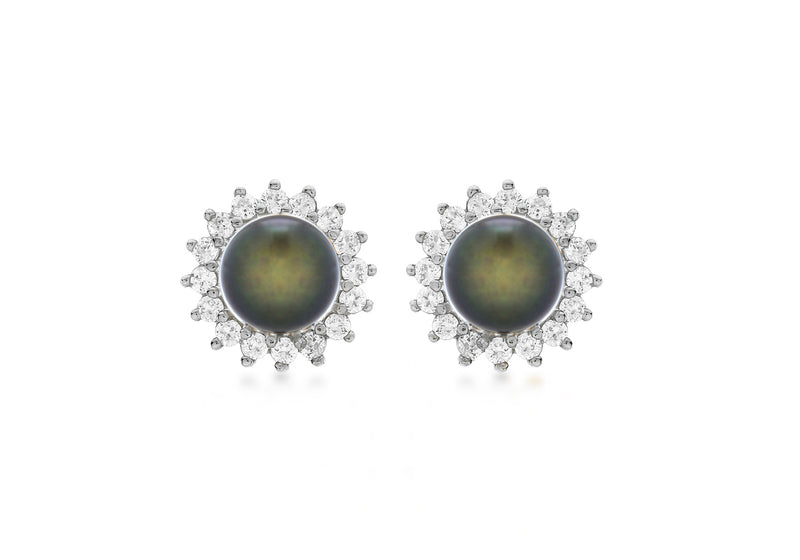 9ct White Gold 0.25t Diamond and Grey Pearl Cluster 10mm Stud Earrings