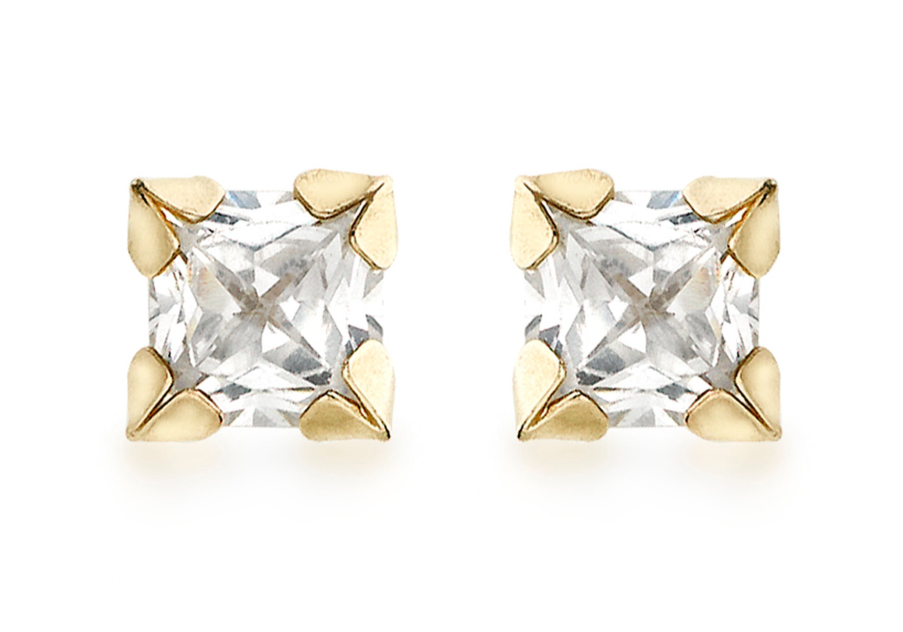 9ct Yellow Gold Zirconia  4mm x 4mm 4-Claw Stud Earrings