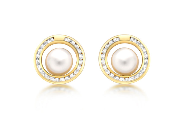 9ct Yellow Gold Zirconia  and Pearl 12mm Stud Earrings