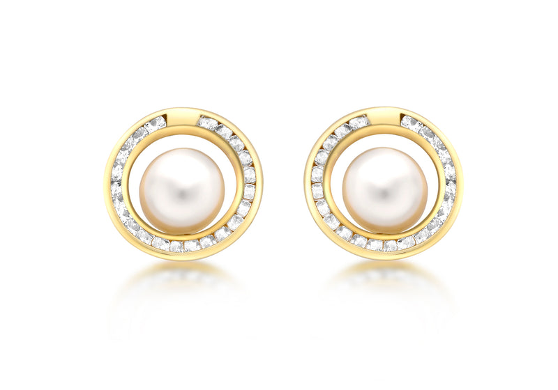 9ct Yellow Gold Zirconia  and Pearl 12mm Stud Earrings