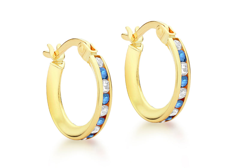 9ct Yellow Gold 14mm Blue and White Zirconia  Creole Earrings