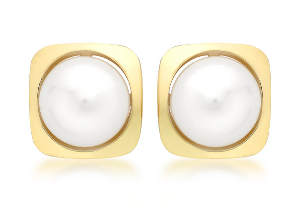 9ct Yellow Gold and Pearl Square Stud Earrings