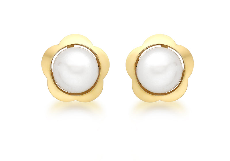 9ct Yellow Gold 8mm Flower and Pearl Stud Earrings