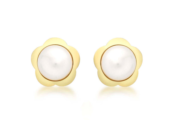 9ct Yellow Gold 11mm Flower and Pearl Stud Earrings