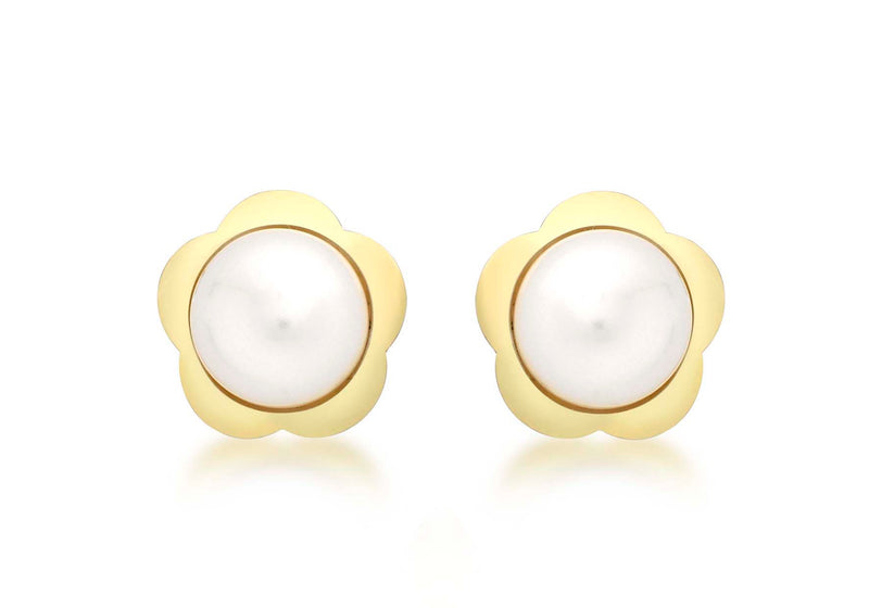 9ct Yellow Gold 11mm Flower and Pearl Stud Earrings