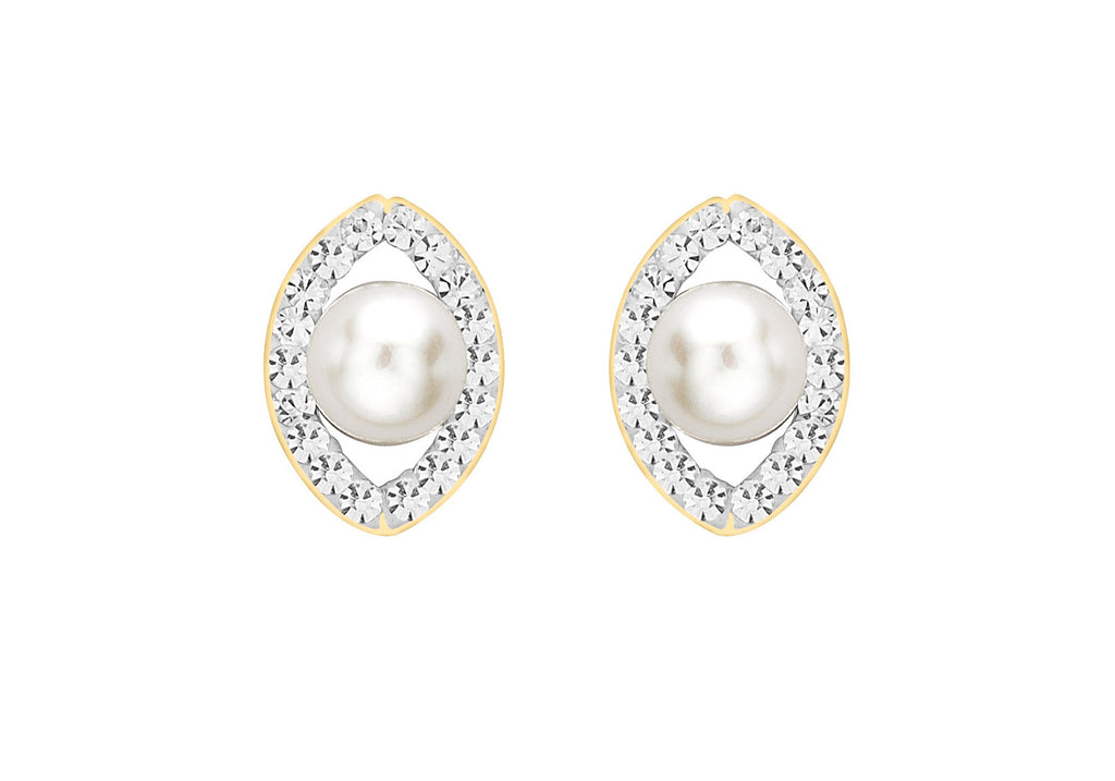 9ct Yellow Gold Fresh Water Pearl and Crystal Elliptic Stud Earrings