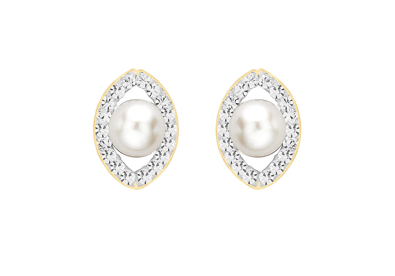 9ct Yellow Gold Fresh Water Pearl and Crystal Elliptic Stud Earrings