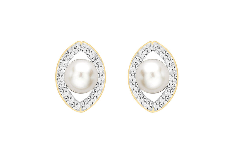 9ct Yellow Gold Fresh Water Pearl and Crystal Elliptic Stud Earrings