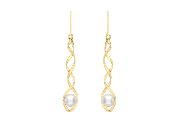 9ct Yellow Gold Pearl Spiral Drop Earrings