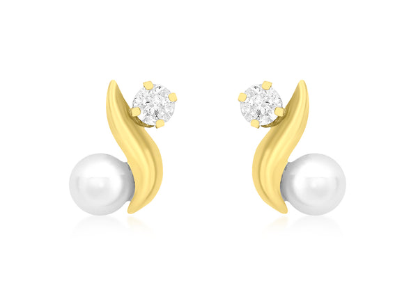 9ct Yellow Gold Zirconia  and Pearl 7mm x 10mm Kiss Stud Earrings
