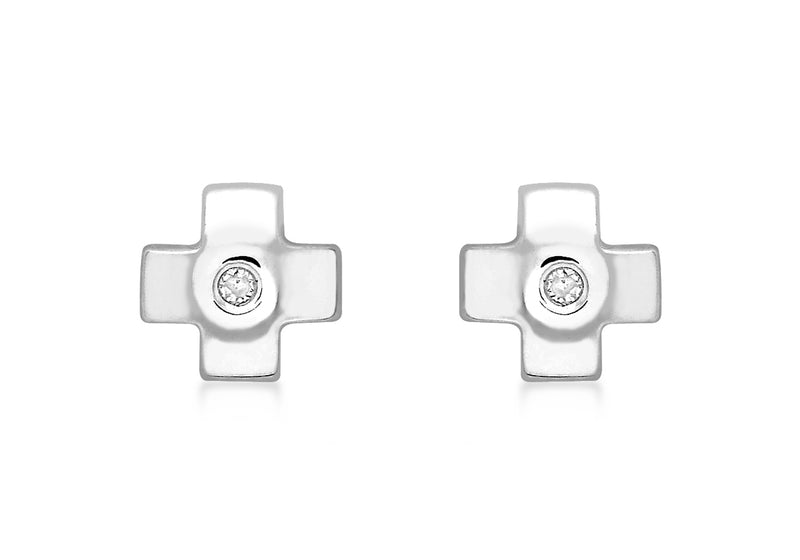 9ct White Gold 0.019ct Diamond Small Cross Stud Earrings