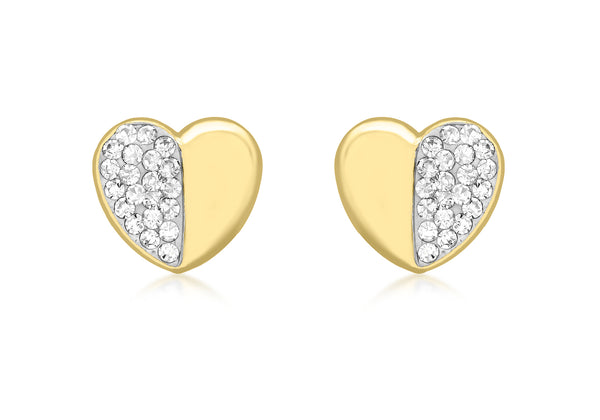 9ct Yellow Gold Zirconia  Half Pave Set Heart Stud Earrings