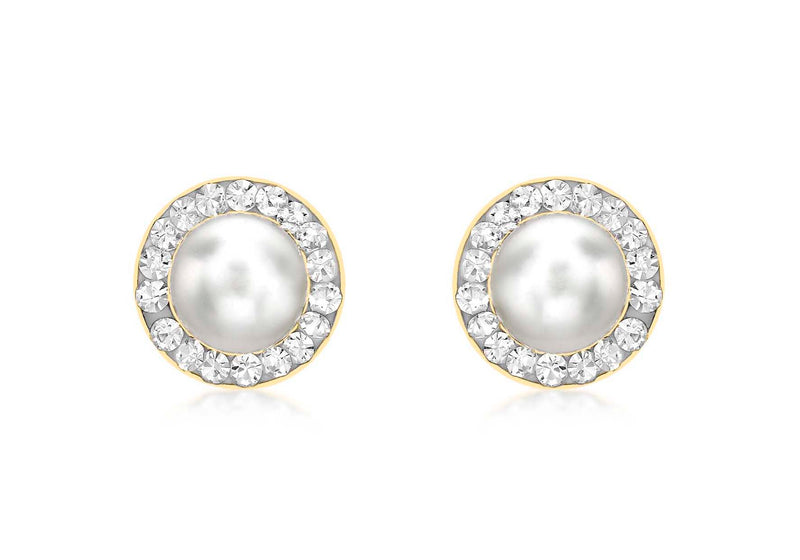 9ct Yellow Gold 8mm Pave Set Zirconia  and Pearl Stud Earrings