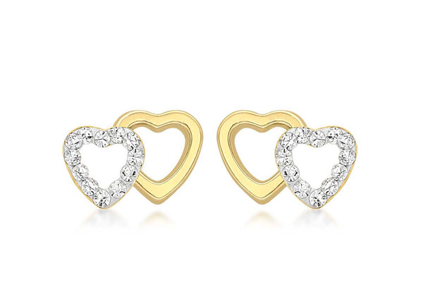9ct Yellow Gold Pave Set Zirconia  Double Open-Heart Stud Earrings